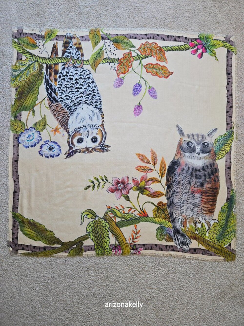 NWOT Echo Wool & Silk Large Square Scarf Owls Hoot Bird - Picture 2 of 9